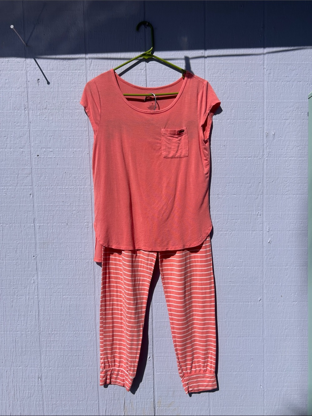 Nicole Miller Coral Pajama Set - Coral Top & Striped Coral Joggers
